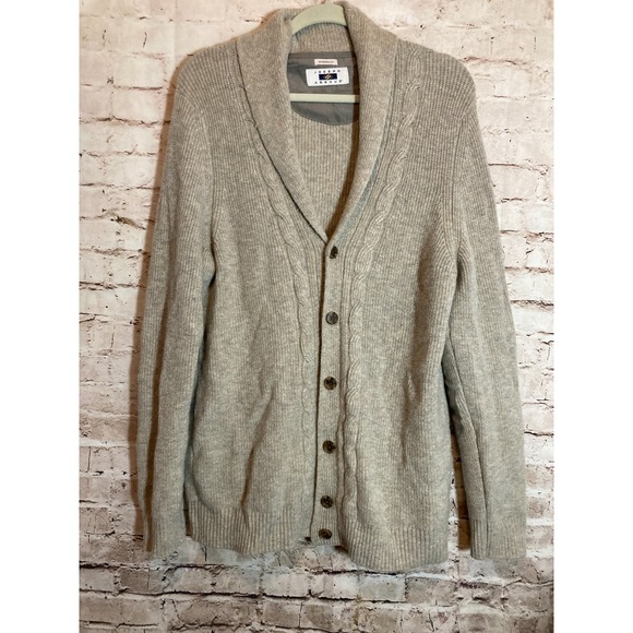 Joseph Abboud Wool Cardigan Mens Large Beige Button Front Grandpa Elbow Patches - Picture 1 of 14